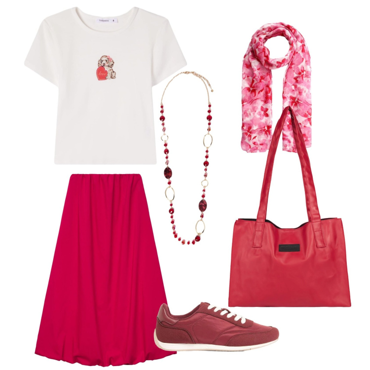 Outfit donna - Mamma di corsa. Stile Casual chic Abbinamento con sneakers, t-shirt, foulard, gonne lunghe, collane, shopping bag.