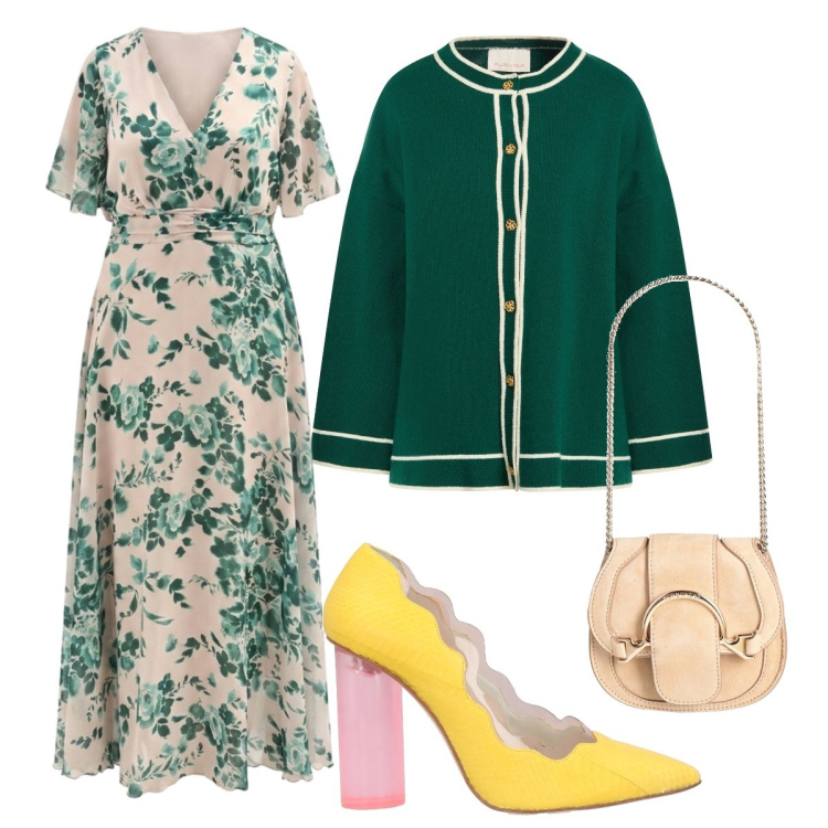 Outfit donna - Occasione curvy. Stile Romantica per Cerimonia. Abbinamento con marsupi, décolleté, cardigans, vestiti lunghi.