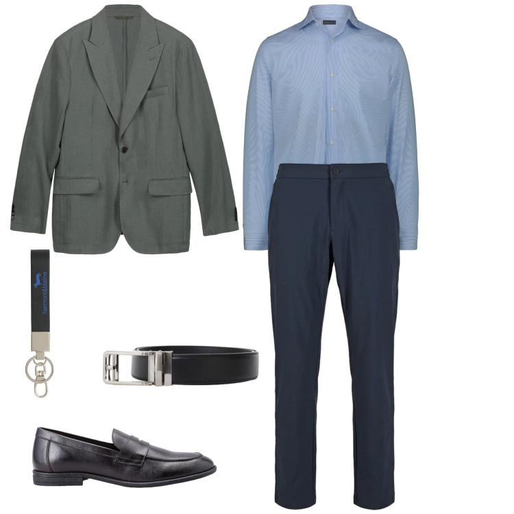 Outfit uomo - Eleganza raffinata. Stile Business/Elegante per Serata speciale. Abbinamento con portachiavi, cinture, giacche, camicie, scarpe stringate, pantaloni.