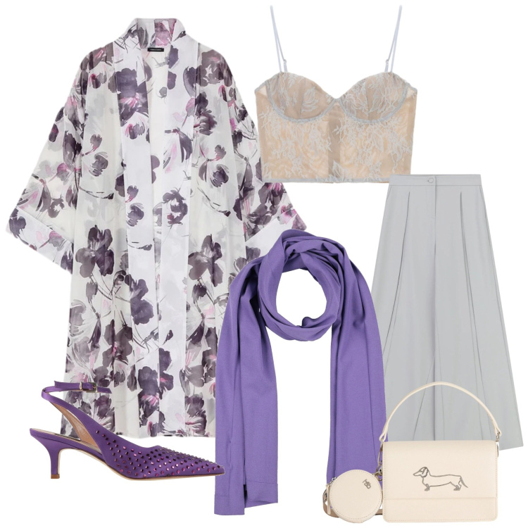 Outfit donna - Voglia di viola. Stile Glamour per Serata fuori. Abbinamento con décolleté, sciarpe, borse a tracolla, canottiere, pantaloni a palazzo, caftani.