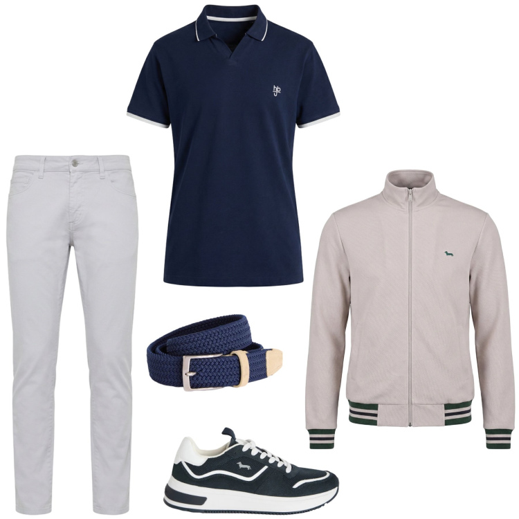Outfit uomo - Bianco e blu. Stile Trendy per Sport. Abbinamento con cinture, sneakers, felpe, pantaloni, polo.