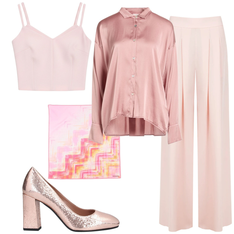 Outfit donna - Voglia di rosa. Stile Chic per Serata fuori. Abbinamento con sciarpe, camicie, décolleté, pantaloni a palazzo, top.