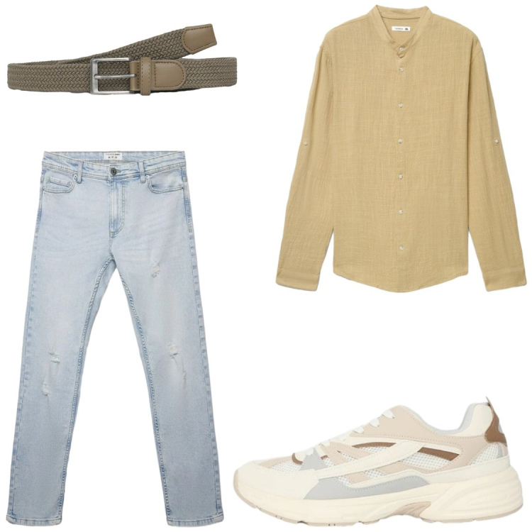 Outfit uomo - Camicia in lino. Stile Casual per Tutti i giorni. Abbinamento con cinture, sneakers, jeans strappati, camicie.