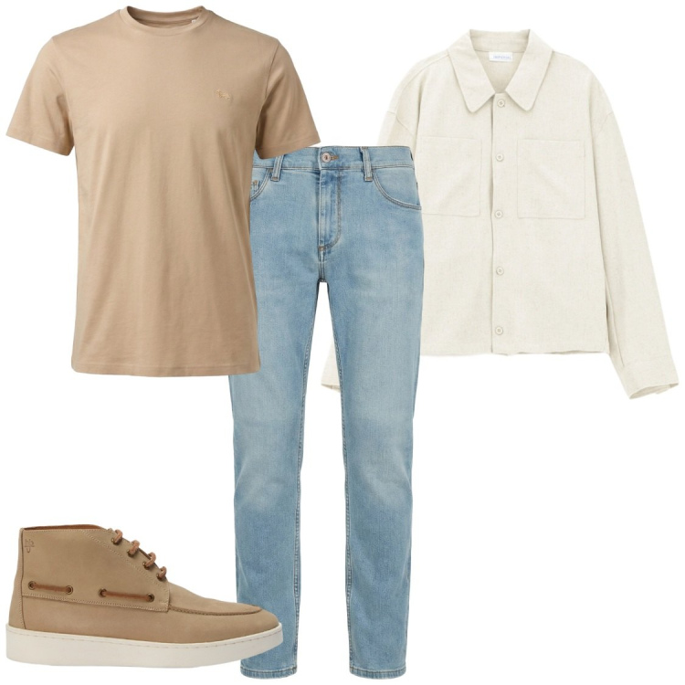 Outfit uomo - Freddo di sera, caldo di giorno. Stile Casual per Tutti i giorni. Abbinamento con jeans slim fit, t-shirt, stivali e stivaletti, camicie.