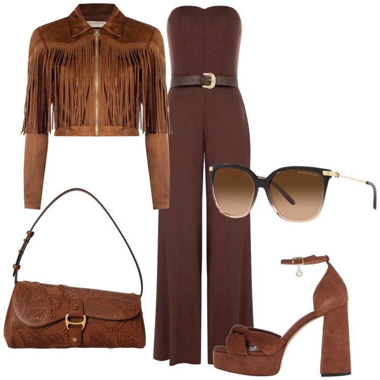 Outfit donna - L\'invita modaiola. Stile Trendy per Cerimonia. Abbinamento con sandali in pelle, giacche, tute, occhiali da sole, borse a spalla.