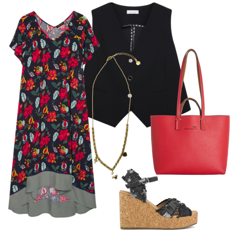 Outfit donna - Rosso e nero. Stile Trendy per Tutti i giorni. Abbinamento con shopping bag, vestiti midi/longuette, gilet, ciondoli, zeppe.