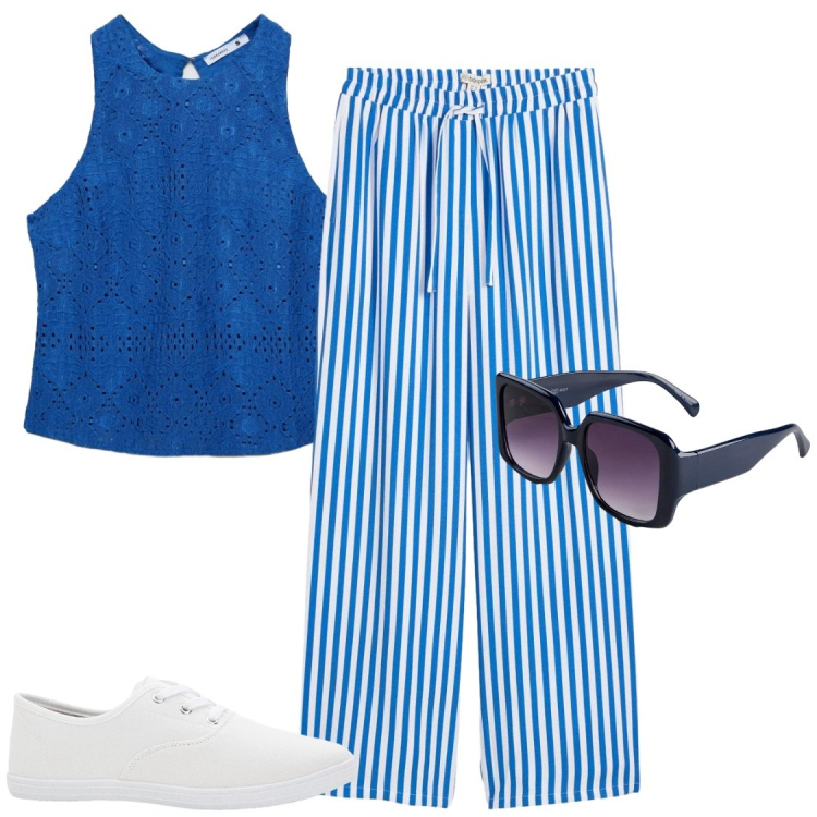 Outfit donna - Blu elettrico. Stile Casual per Tutti i giorni. Abbinamento con sneakers, pantaloni, occhiali da sole, top.
