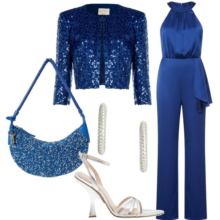 Outfit donna - Il bluette va a nozze. Stile Chic per Cerimonia. Abbinamento con sandali in pelle, bolero, tute, orecchini, borse a spalla.