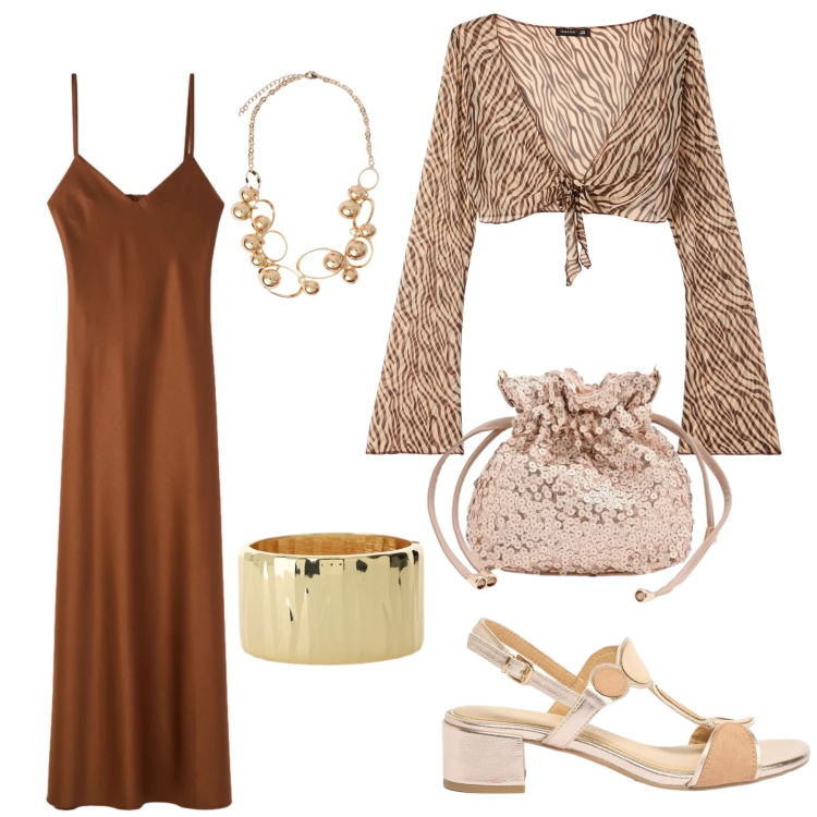 Outfit donna - Serata speciale. Stile Glamour per Serata fuori. Abbinamento con sandali col tacco, blazer, vestiti lunghi, braccialetti, pochette, collane.
