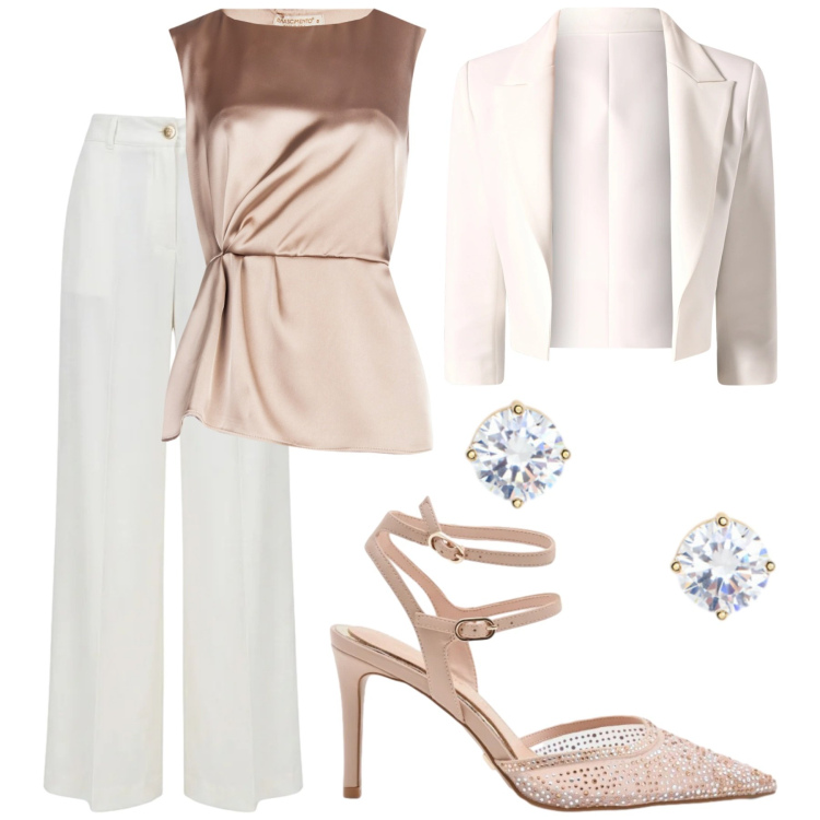 Outfit donna - Perfetta nei toni chiari. Stile Chic per Cerimonia. Abbinamento con blazer, décolleté, bluse, pantaloni a palazzo, orecchini.