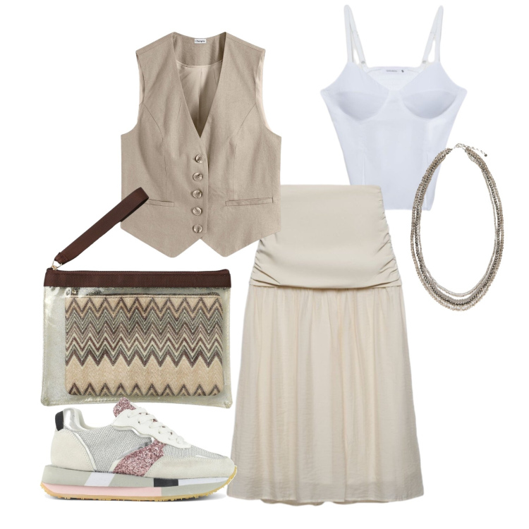Outfit donna - Maggio. Stile Trendy per Tutti i giorni. Abbinamento con gilet, gonne longuette, pochette, canottiere, collane, sneakers.