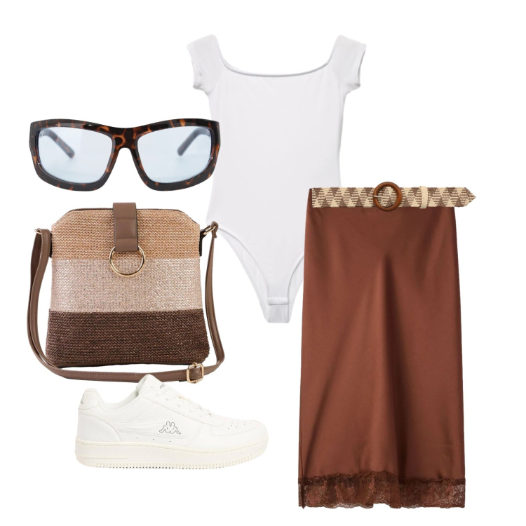 Outfit donna - Maggio. Stile Trendy per Tutti i giorni. Abbinamento con sneakers, borse a tracolla, cinture, gonne longuette, t-shirt, occhiali da sole.