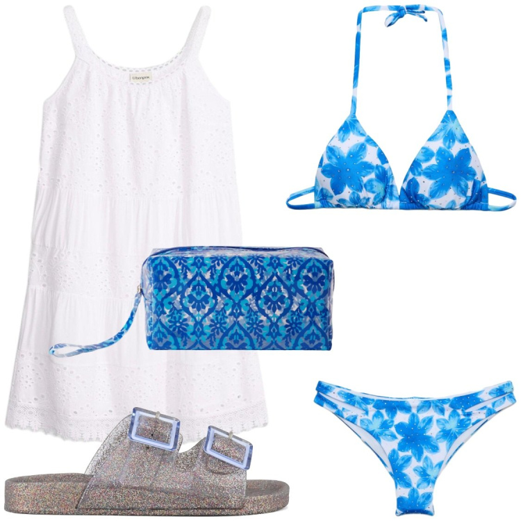 Outfit donna - Summer. Stile Casual per Mare. Abbinamento con vestiti, valigie, bikini, bikini, sandali.