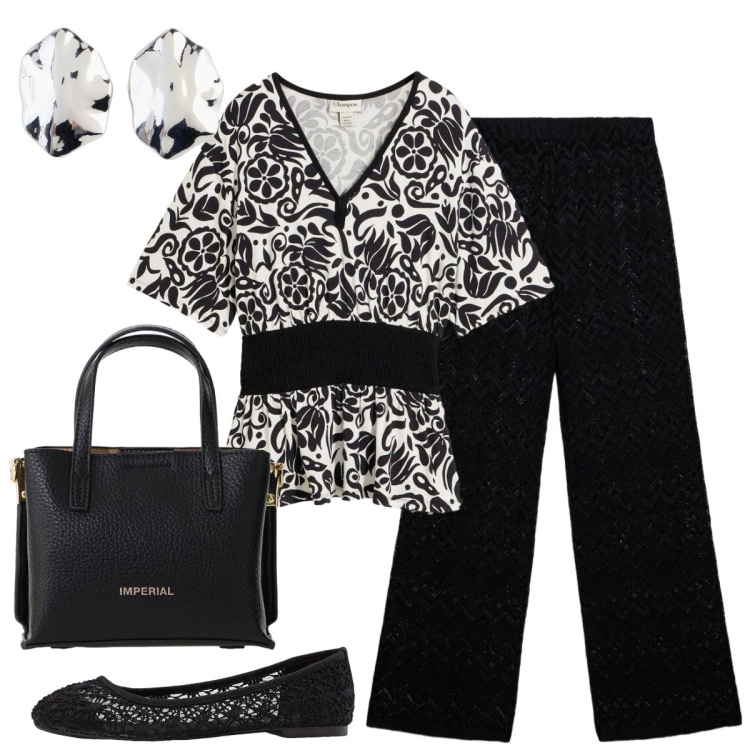 Outfit donna - La blusa fantasia assottiglia la vita. Stile Glamour per Tutti i giorni. Abbinamento con ballerine, bluse, orecchini, pantaloni, borse a tracolla.
