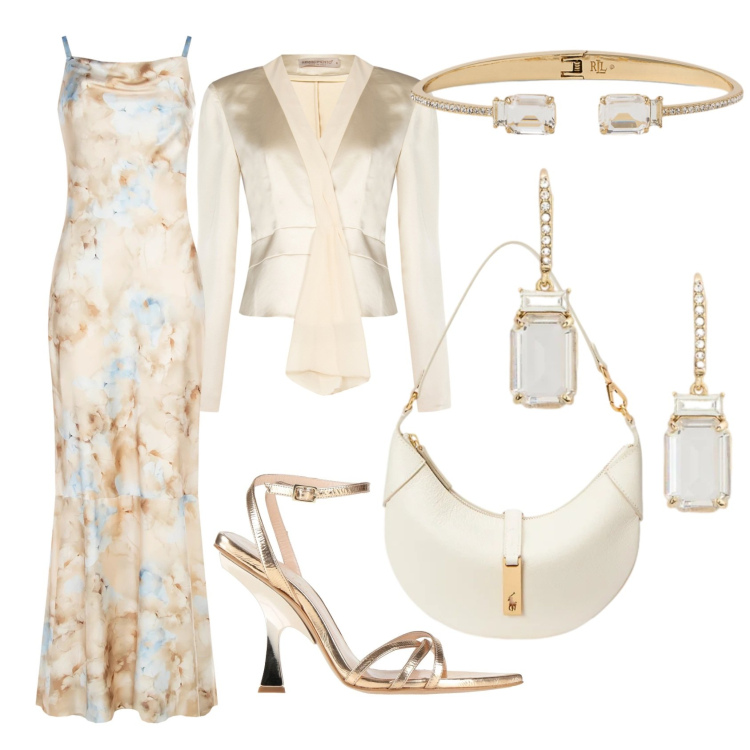 Outfit donna - Luminosità coordinate. Stile Chic per Cerimonia. Abbinamento con sandali in pelle, vestiti lunghi, blazer, orecchini, braccialetti, borse a spalla.