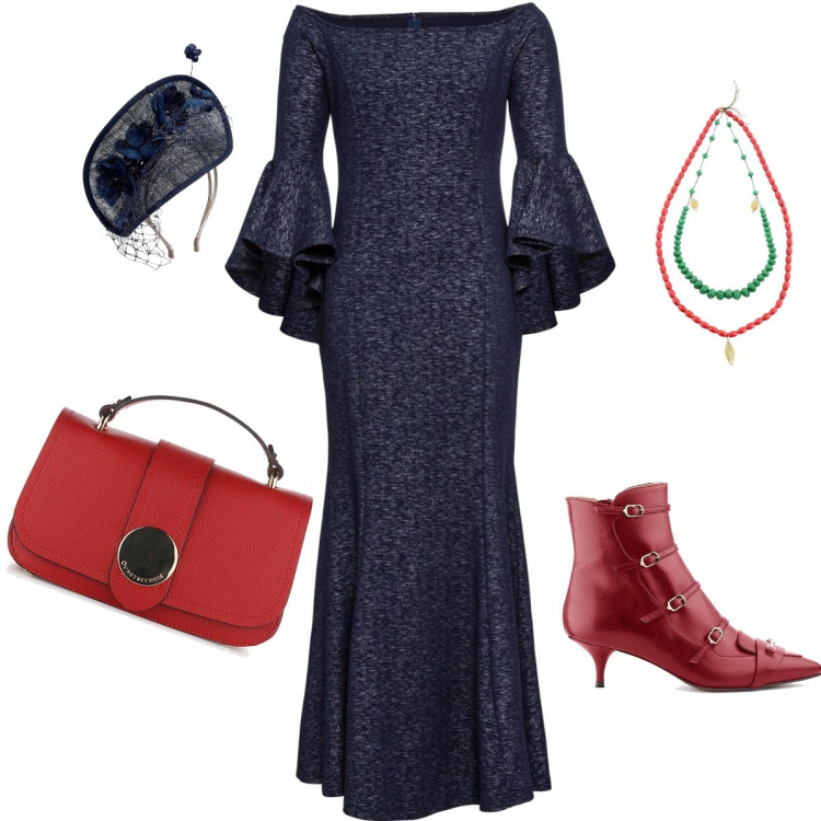 Outfit donna - Carnevale chic a Venezia. Stile Chic per Serata fuori. Abbinamento con vestito con volant effetto lucido con spalle scoperte blu, collana, cappello fantasia floreale navy, tronchetti con cinturino rosso, borsa a mano mini a clip interno sfoderato con tracolla regolabile.