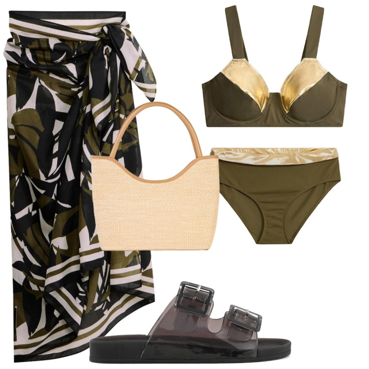 Outfit donna - Mare. Stile Chic per Mare. Abbinamento con vestiti da spiaggia, shopping bag, bikini, sandali.