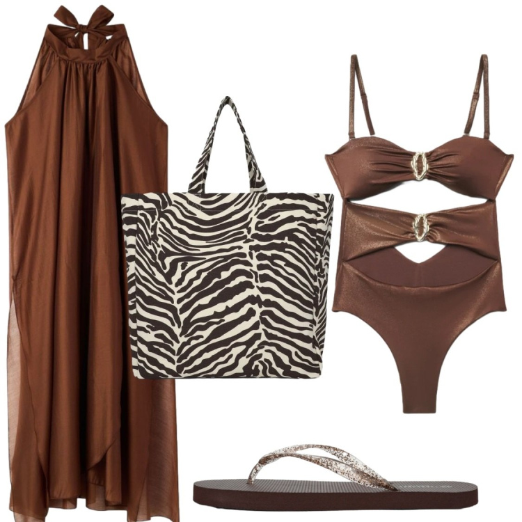 Outfit donna - Zebra e cioccolato. Stile Glamour per Mare. Abbinamento con shopping bag, costumi interi, infradito, vestiti lunghi.