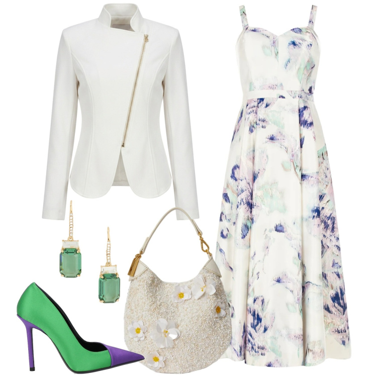 Outfit donna - L\' invitata perfetta. Stile Chic per Cerimonia. Abbinamento con décolleté, vestiti midi/longuette, blazer, pochette, orecchini.