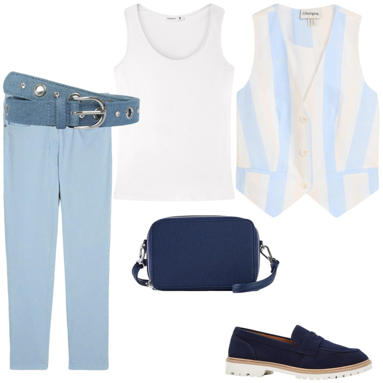 Outfit donna - Casual in primavera. Stile Casual per Tutti i giorni. Abbinamento con borse a tracolla, gilet, pantaloni, mocassini, cinture, top.