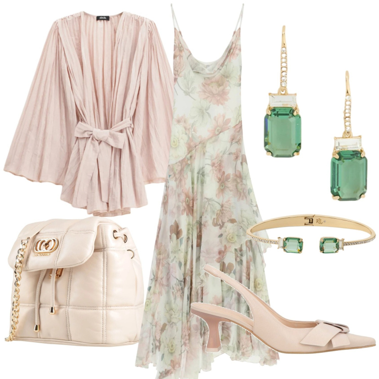 Outfit donna - Luce eterea. Stile Trendy per Cerimonia. Abbinamento con décolleté, valigie, vestiti lunghi, blazer, orecchini, braccialetti.