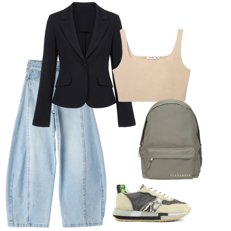 Outfit donna - Urban con glamur. Stile Urban per Tutti i giorni. Abbinamento con zaini, jeans, canottiere, blazer, sneakers.
