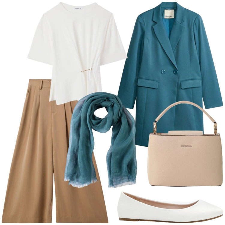 Outfit donna - Total look #2400650. Stile Casual chic per Ufficio. Abbinamento con ballerine, blazer, sciarpe, pantaloni, t-shirt, borse a secchiello.