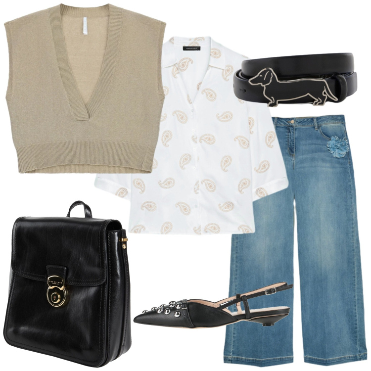 Outfit donna - Total look #2400652. Stile Casual per Ufficio. Abbinamento con zaini, ballerine, cinture, top, jeans, camicie.