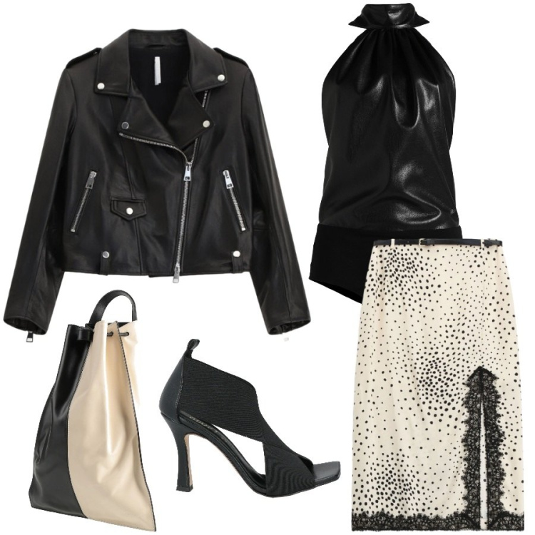 Outfit donna - Serata fuori. Stile Sexy per Serata fuori. Abbinamento con sandali in pelle, body, zaini, giacche, gonne longuette.