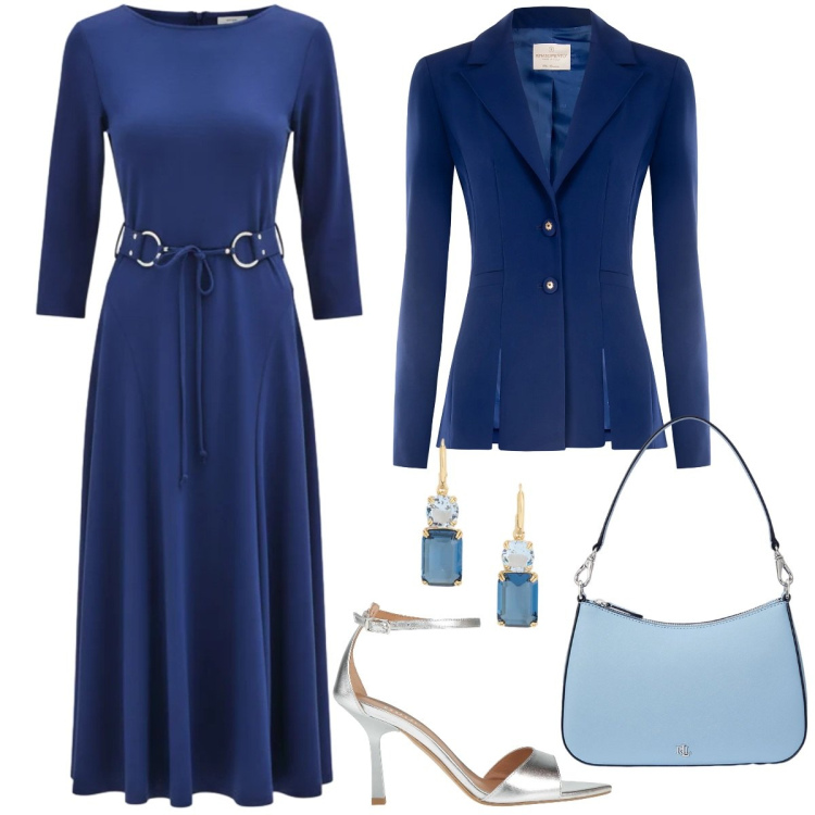 Outfit donna - L\'invitata perfetta sei tu. Stile Chic per Cerimonia. Abbinamento con sandali in pelle, blazer, vestiti midi/longuette, borse a spalla, orecchini.