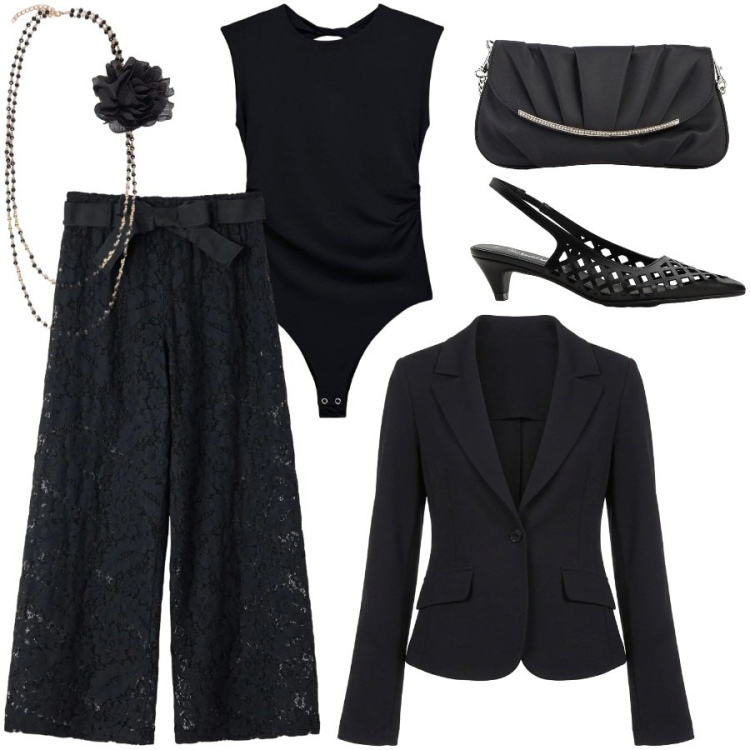 Outfit donna - Serata fuori. Stile Chic per Serata fuori. Abbinamento con décolleté, clutch, body, pantaloni, blazer, collane.