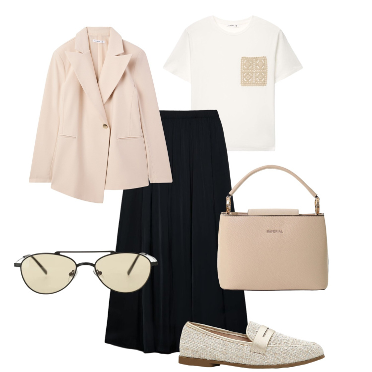 Outfit donna - Gonna, blazer e mocassini. Stile Trendy per Tutti i giorni. Abbinamento con mocassini, blazer, gonne longuette, t-shirt, occhiali da sole, borse a secchiello.