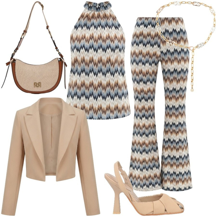 Outfit donna - Cerimonia. Stile 70s per Cerimonia. Abbinamento con décolleté, borse a tracolla, cinture, bolero, canottiere, pantaloni.