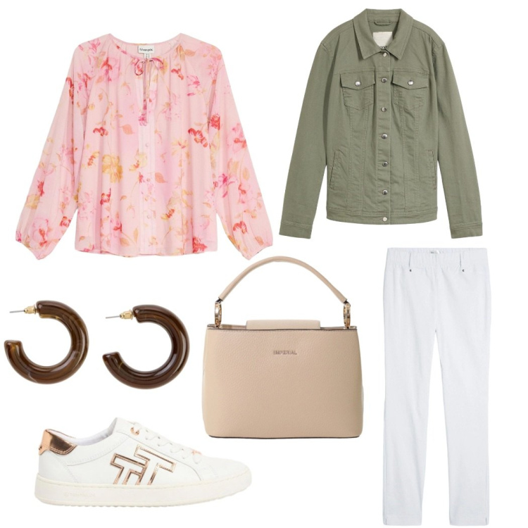 Outfit donna - Total look #2400668. Stile Casual chic per Serata fuori. Abbinamento con pantaloni, cappotti, sneakers, bluse, orecchini, borse a secchiello.