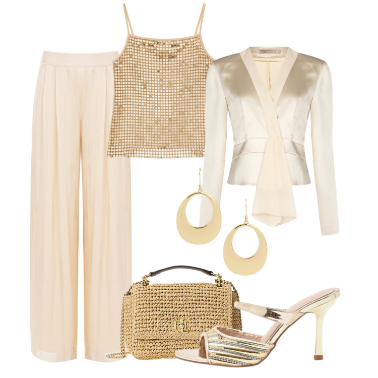 Outfit donna - Cerimonia luminosa. Stile Chic per Cerimonia. Abbinamento con canottiere, sabot, pantaloni a palazzo, blazer, borse a spalla, orecchini.