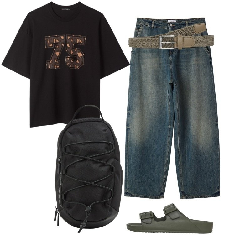 Outfit uomo - Total look #2400677. Stile Urban per Mare. Abbinamento con cinture, t-shirt, jeans, borse sportive, sandali.
