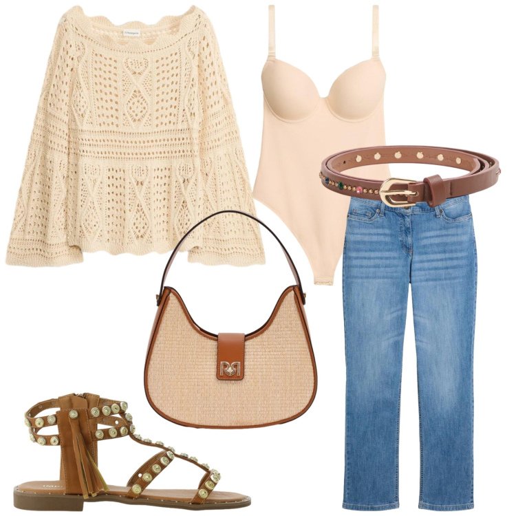 Outfit donna - Total look #2400678. Stile Etnico per Tutti i giorni. Abbinamento con jeans dritti, body, maglieria, cinture, sandali, borse a spalla.