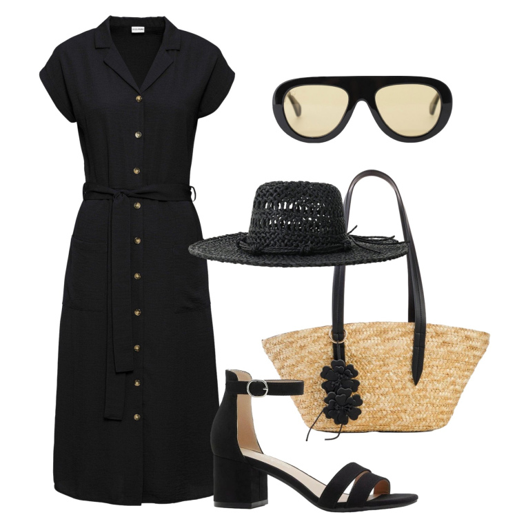 Outfit donna - Chemisier e dettagli paglia. Stile Trendy per Tutti i giorni. Abbinamento con vestiti, sandali col tacco, shopping bag, occhiali da sole, cappelli.