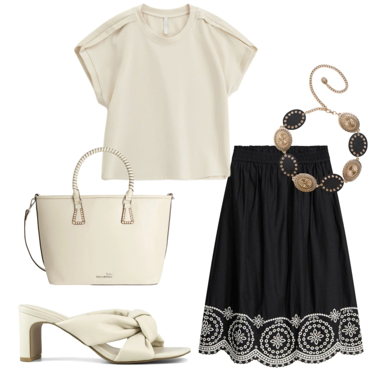 Outfit donna - Total look #2400682. Stile Romantica per Serata fuori. Abbinamento con gonne longuette, cinture, shopping bag, top, sandali col tacco.