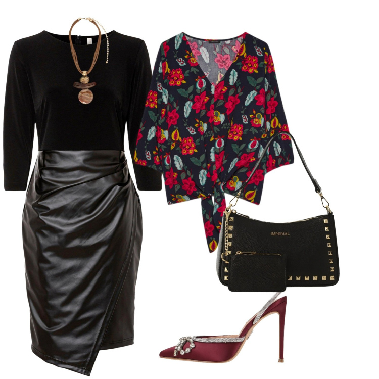Outfit donna - Similpelle abbinata al floreale. Stile Glamour per Serata fuori. Abbinamento con décolleté, vestiti, borse a spalla, ciondoli, bluse.