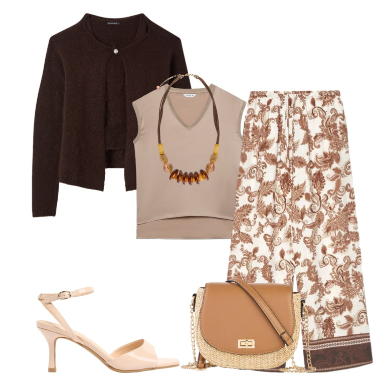 Outfit donna - Total look #2400684. Stile Chic per Serata fuori. Abbinamento con sandali col tacco, borse a tracolla, top, cardigans, pantaloni, collane.