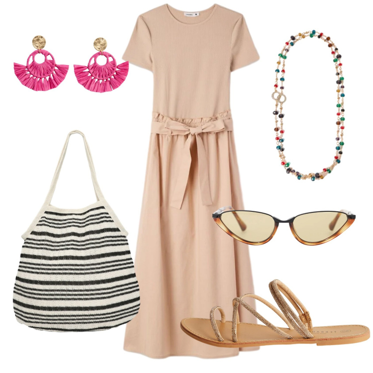 Outfit donna - Total look #2400685. Stile Minimal per Tutti i giorni. Abbinamento con orecchini, sandali, vestiti lunghi, shopping bag, occhiali da sole, collane.
