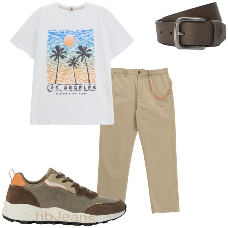 Outfit uomo - Total look casual. Stile Casual per Tutti i giorni. Abbinamento con pantaloni, t-shirt, sneakers, cinture.