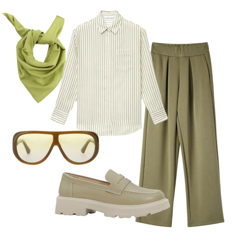 Outfit donna - Total look #2400691. Stile Mannish per Tutti i giorni. Abbinamento con mocassini, camicie, pantaloni, occhiali da sole, foulard.