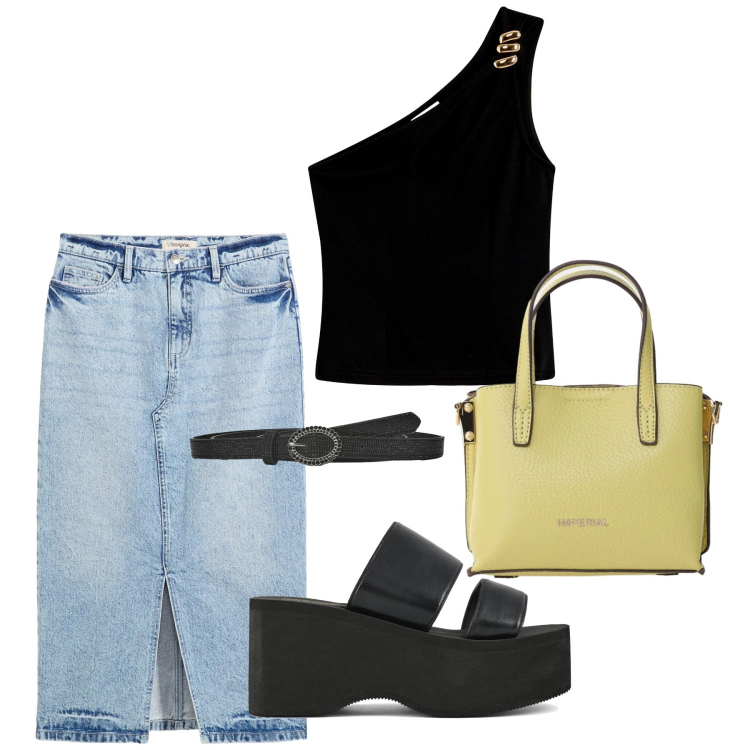 Outfit donna - Total look #2400694. Stile Trendy per Serata fuori. Abbinamento con gonne longuette, top, cinture, borse a tracolla, zeppe.