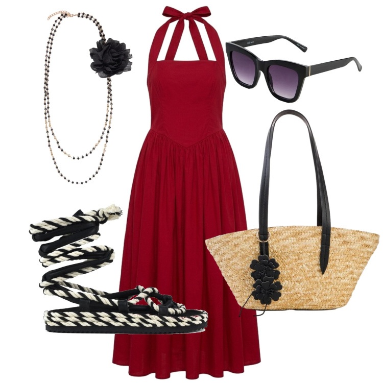 Outfit donna - Total look #2400695. Stile Vintage retrò per Tutti i giorni. Abbinamento con occhiali da sole, shopping bag, vestiti lunghi, collane, sandali.
