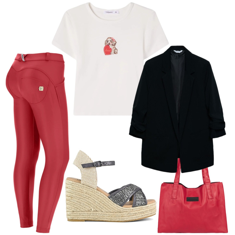 Outfit donna - Total look #2400696. Stile Casual per Tutti i giorni. Abbinamento con t-shirt, blazer, pantaloni skinny, shopping bag, zeppe.