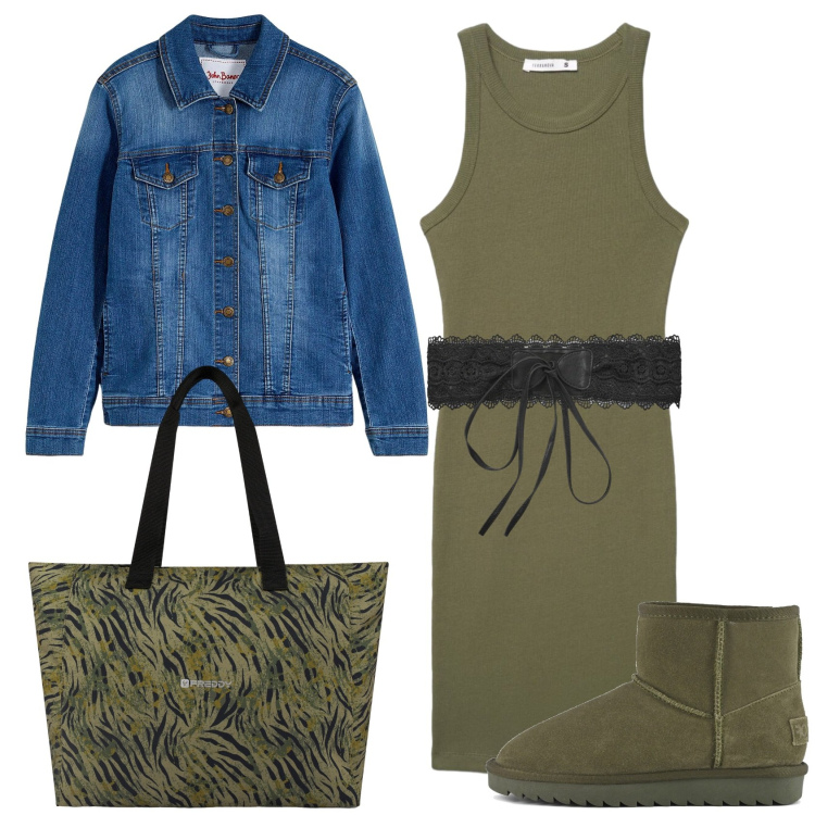 Outfit donna - Total look #2400697. Stile Trendy per Tutti i giorni. Abbinamento con blazer, cinture, vestiti midi/longuette, shopping bag, stivali.