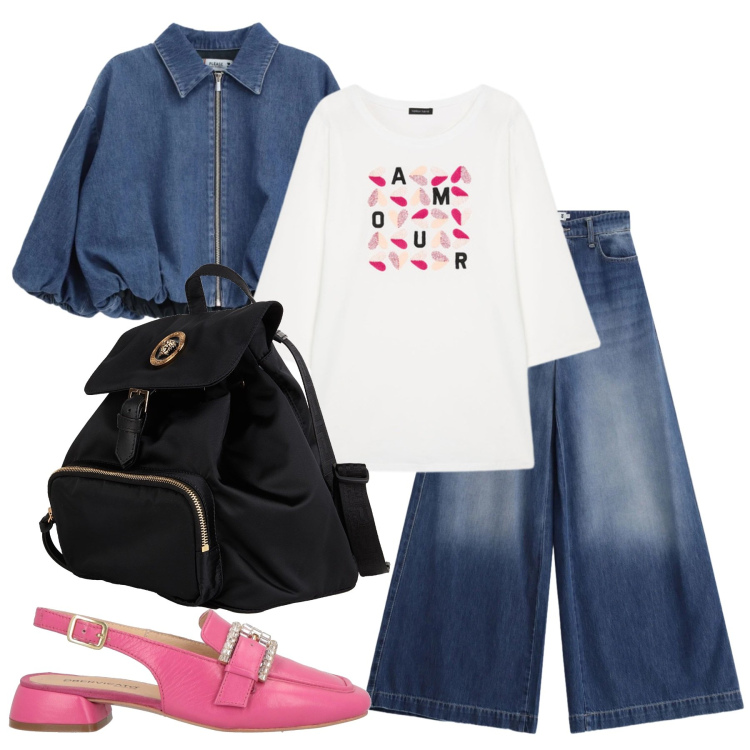 Outfit donna - Università. Stile Casual chic per Scuola/Università. Abbinamento con zaini, décolleté, jeans, blazer, t-shirt.