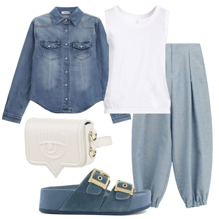 Outfit donna - Total look #2400700. Stile Trendy per Tutti i giorni. Abbinamento con marsupi, top, camicie, pantaloni, ciabatte.